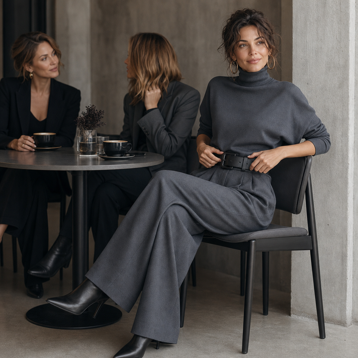 High-Waist Turtleneck and Trouser Set with Belt