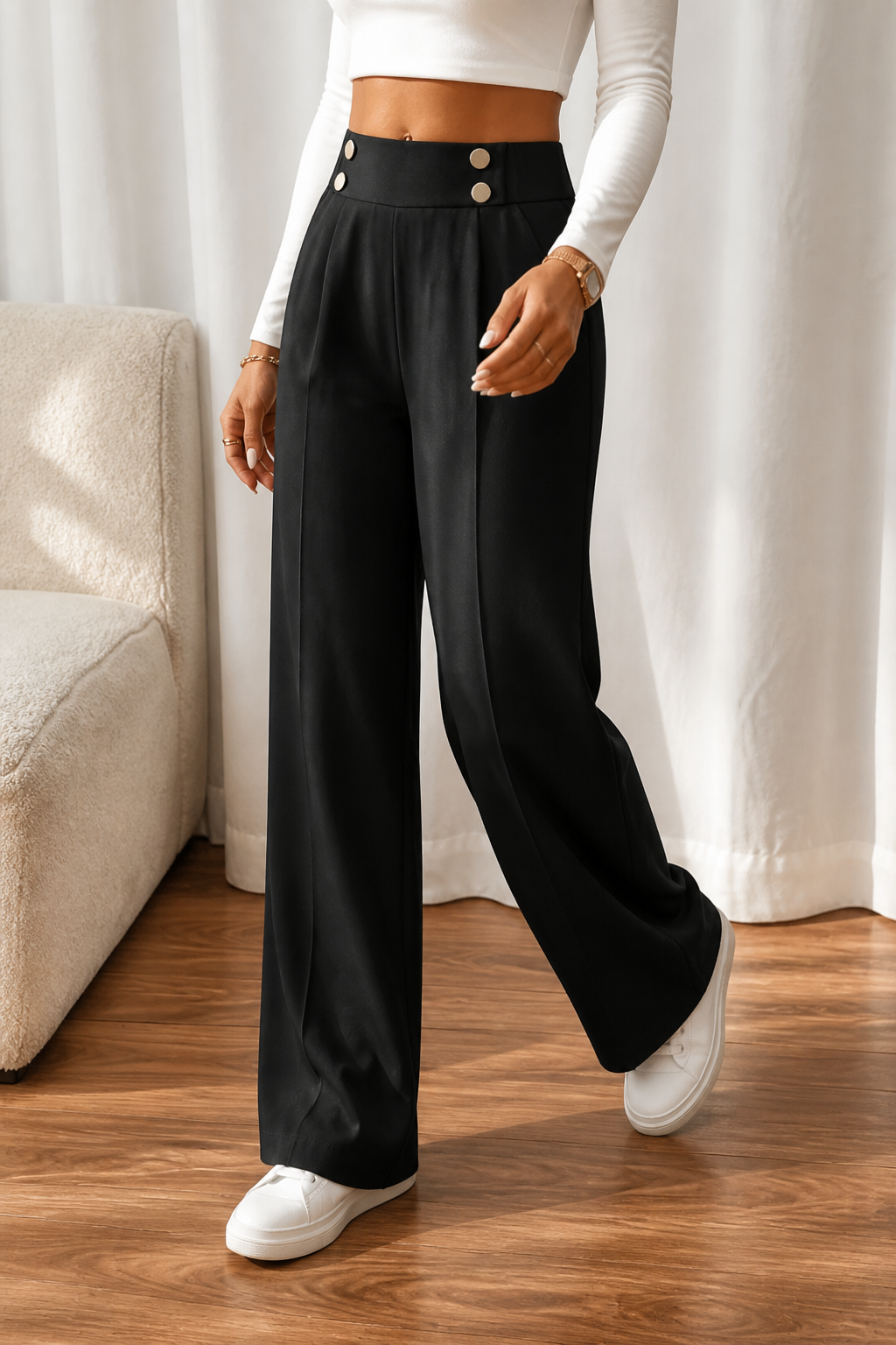 High-Waist Wide-Leg Trousers with Metallic Buttons