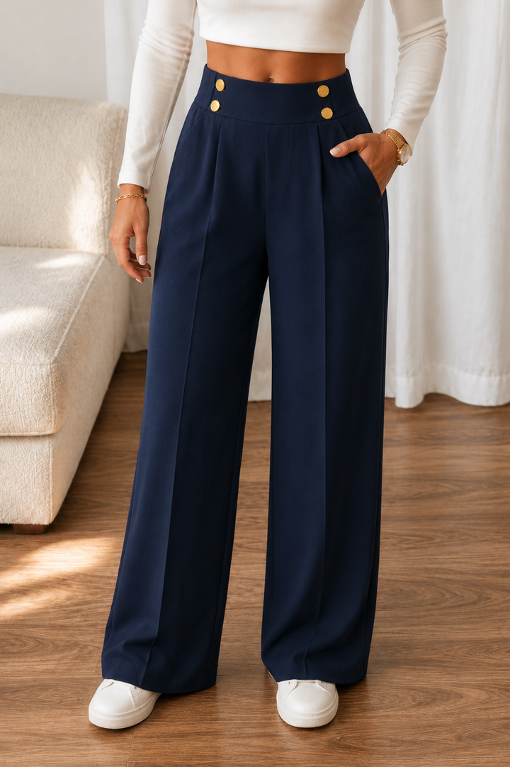 High-Waist Wide-Leg Trousers with Metallic Buttons