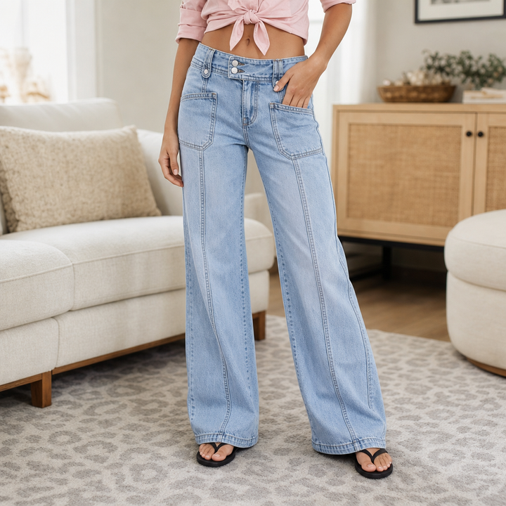 High-Waisted Asymmetric Front Straight-Leg Jeans