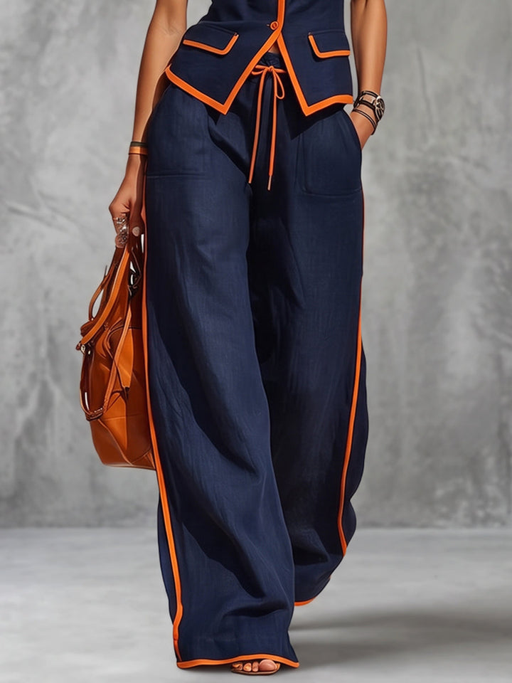 High-Waisted Contrast Color Wide-Leg Drawstring Trousers with Pockets