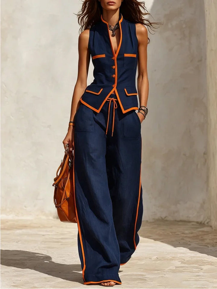 High-Waisted Contrast Color Wide-Leg Drawstring Trousers with Pockets