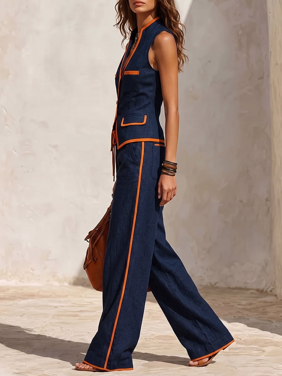 High-Waisted Contrast Color Wide-Leg Drawstring Trousers with Pockets