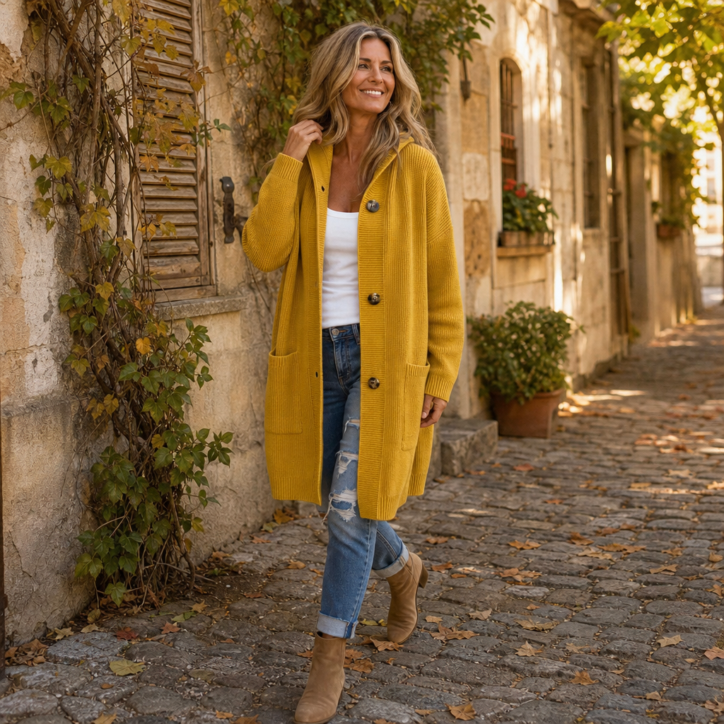 Hooded Button-Front Knit Cardigan