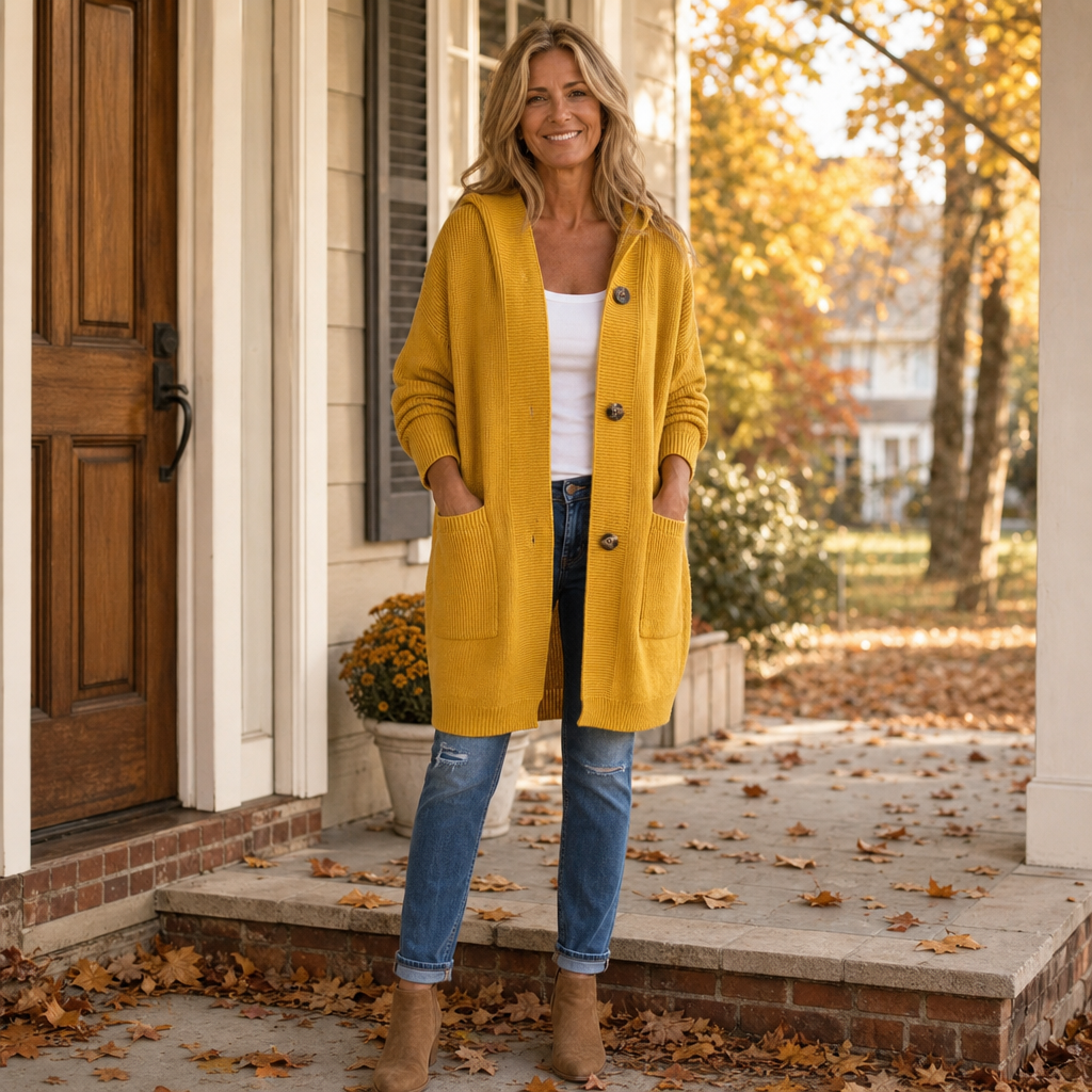 Hooded Button-Front Knit Cardigan