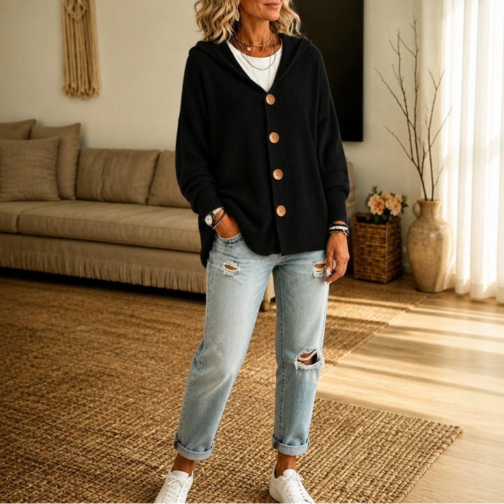 Hooded Waffle-Knit Button-Front Cardigan