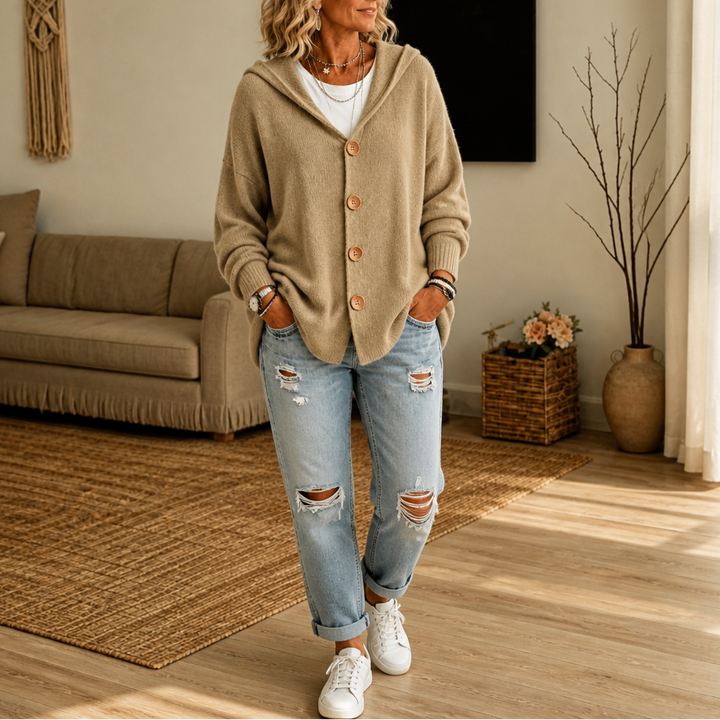 Hooded Waffle-Knit Button-Front Cardigan