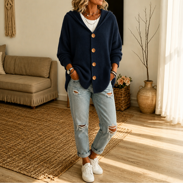 Hooded Waffle-Knit Button-Front Cardigan