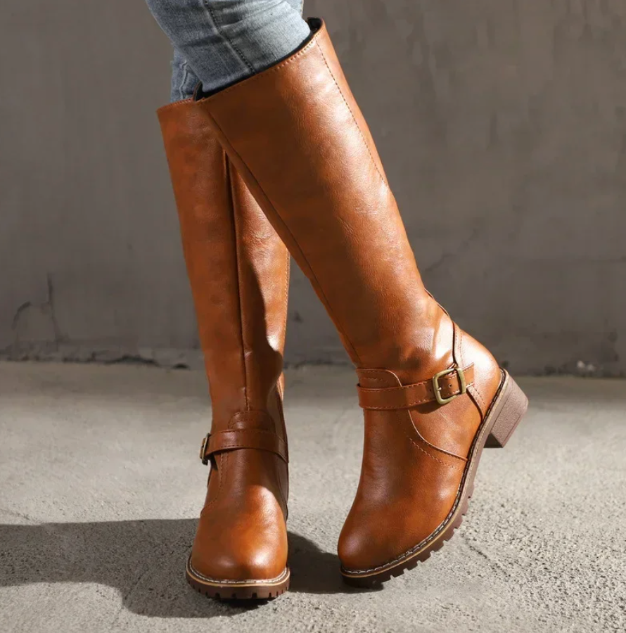 Knee-High Buckle-Strap Riding Boots