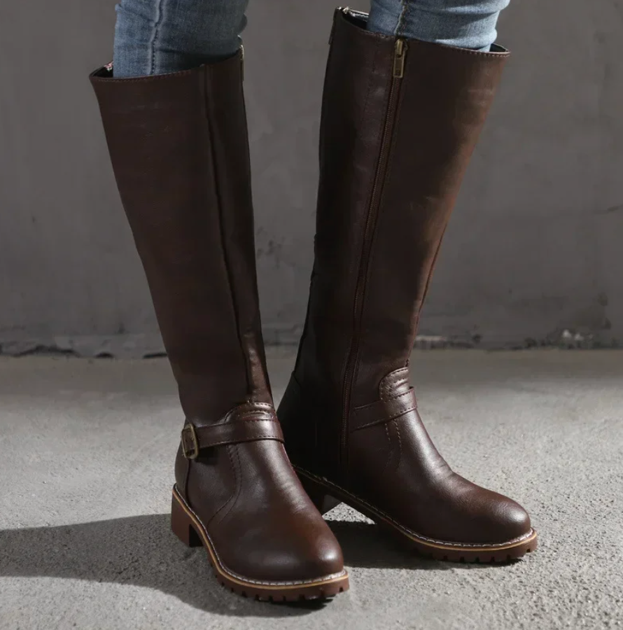 Knee-High Buckle-Strap Riding Boots