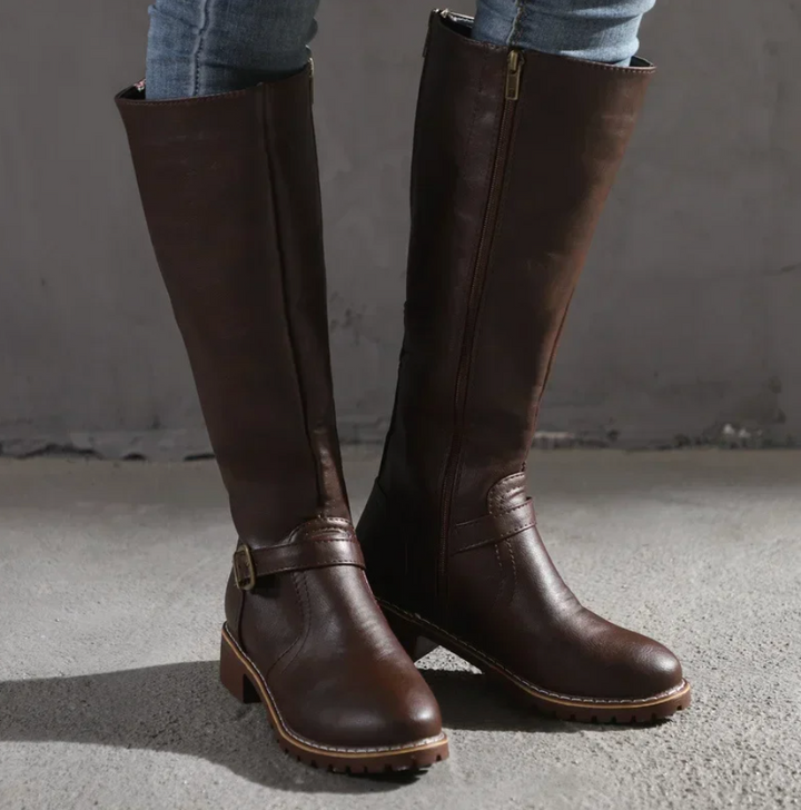 Knee-High Buckle-Strap Riding Boots