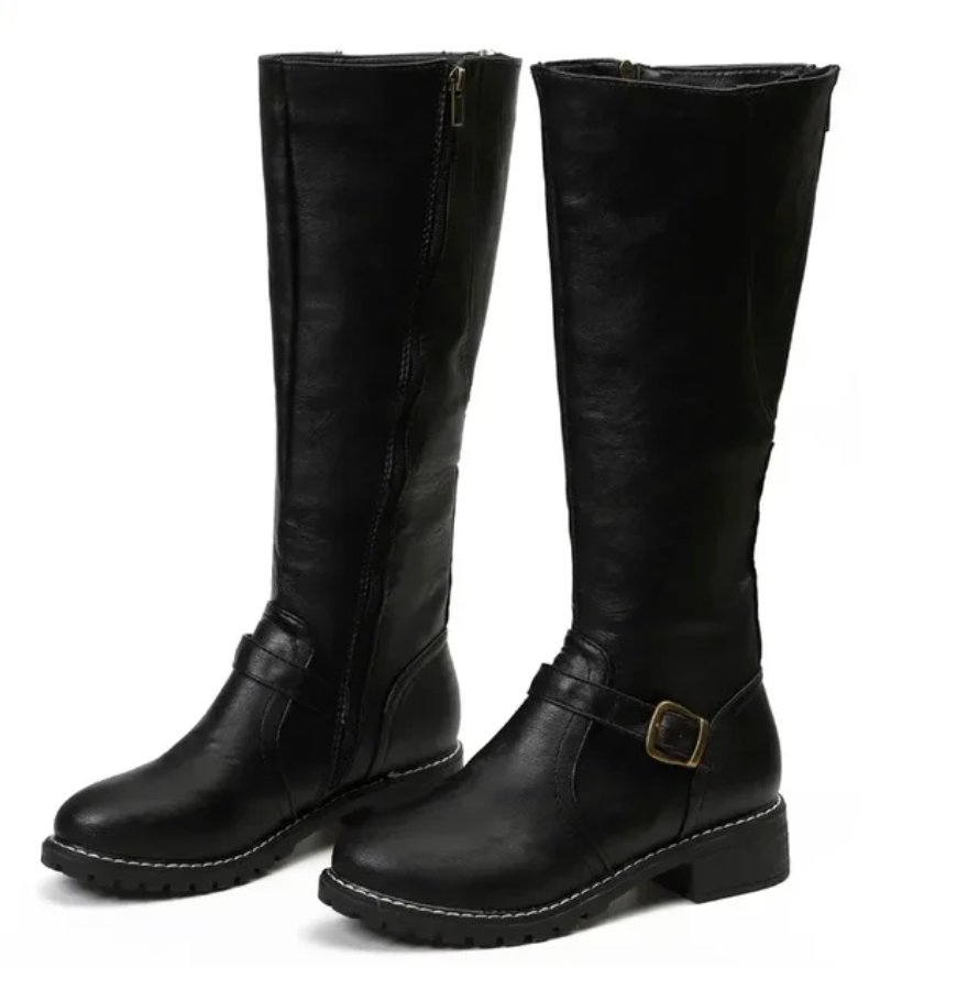 Knee-High Buckle-Strap Riding Boots