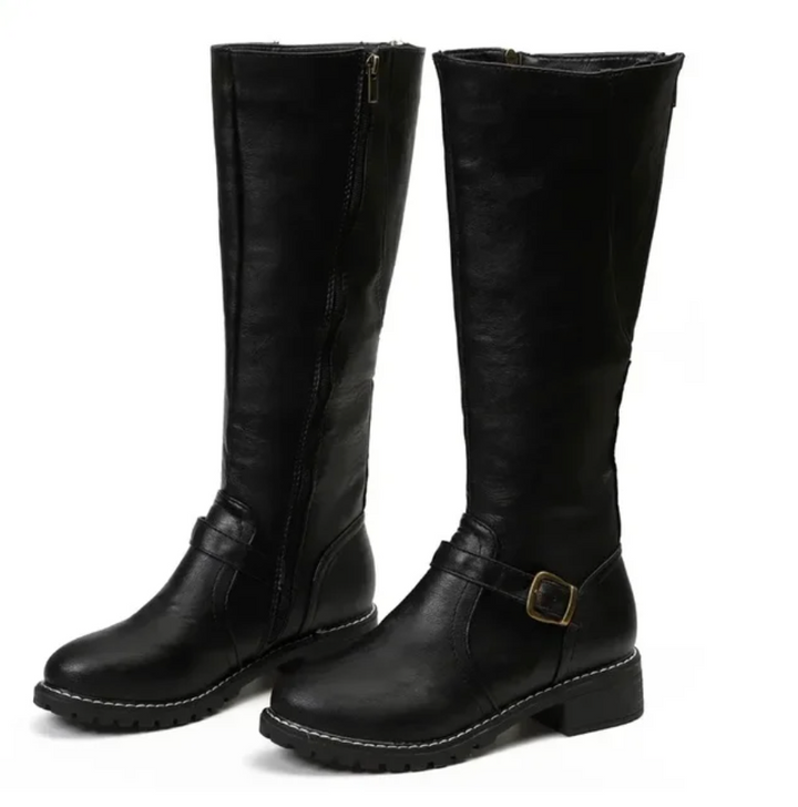 Knee-High Buckle-Strap Riding Boots