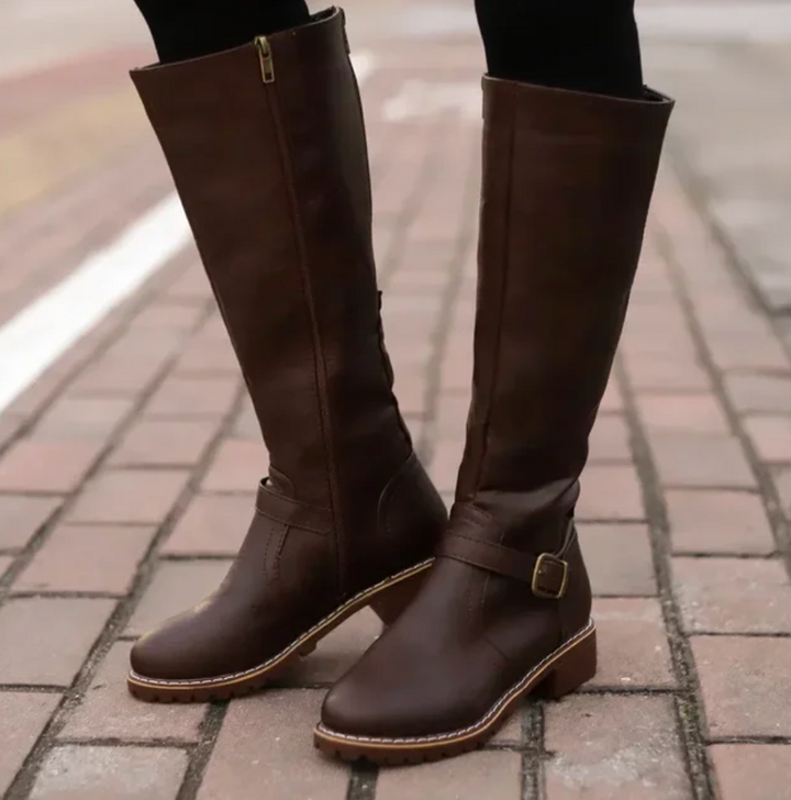 Knee-High Buckle-Strap Riding Boots
