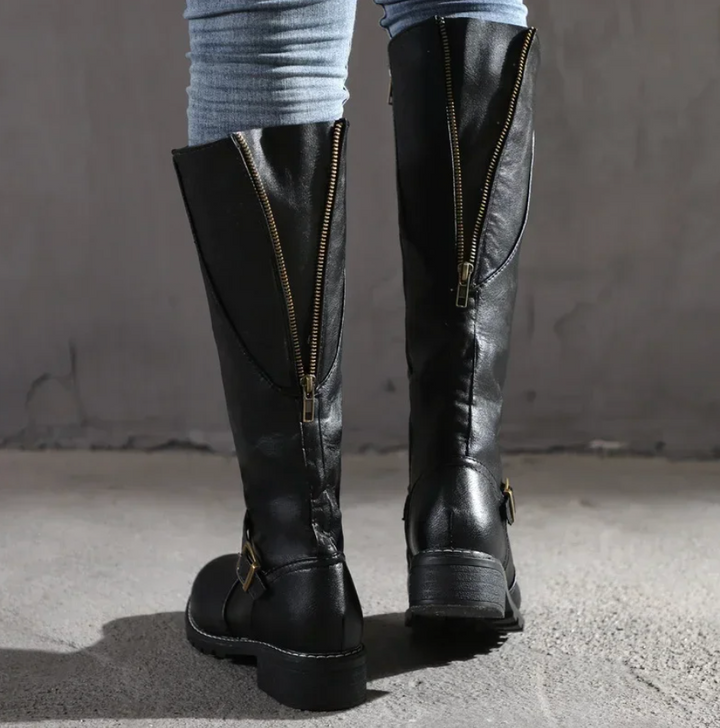 Knee-High Buckle-Strap Riding Boots