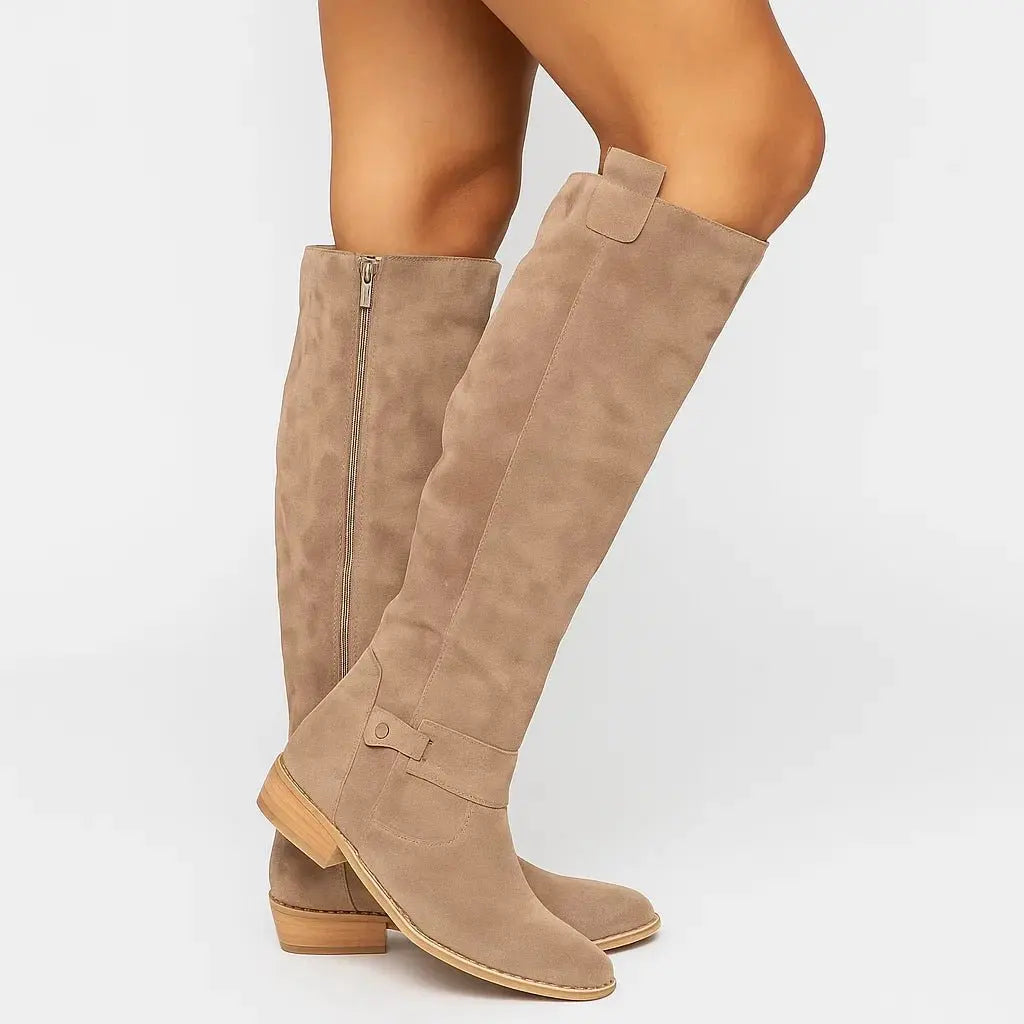 Knee-High Suede Block Heel Boots with Side Zip