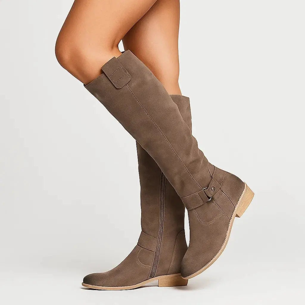 Knee-High Suede Block Heel Boots with Side Zip