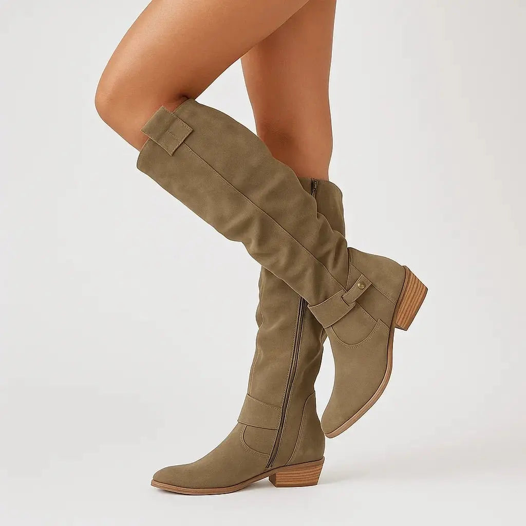 Knee-High Suede Block Heel Boots with Side Zip