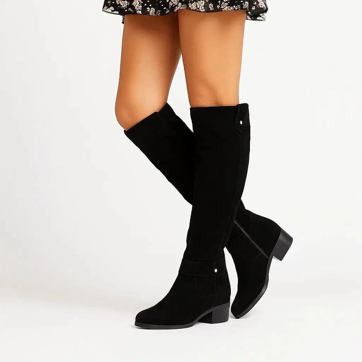 Knee-High Suede Block Heel Boots with Side Zip