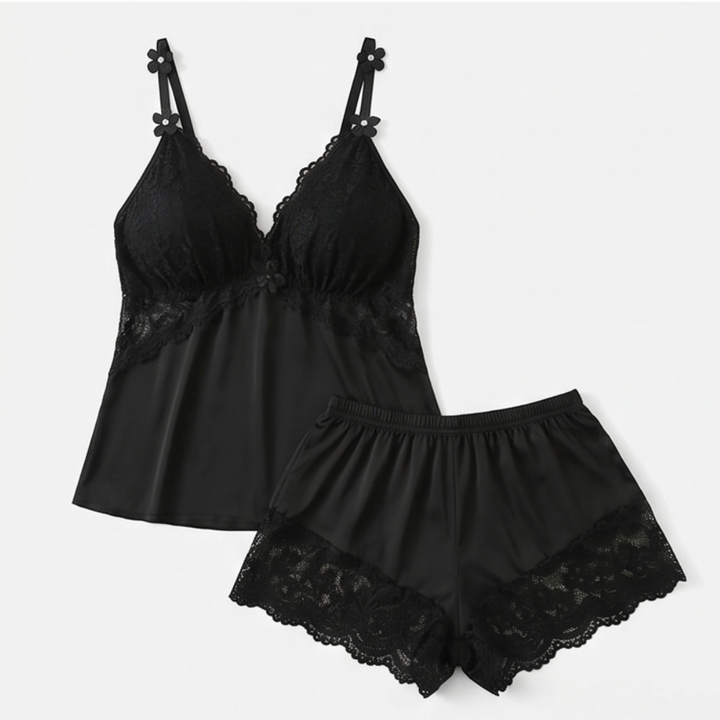 Lace Trim Satin Pajama Set