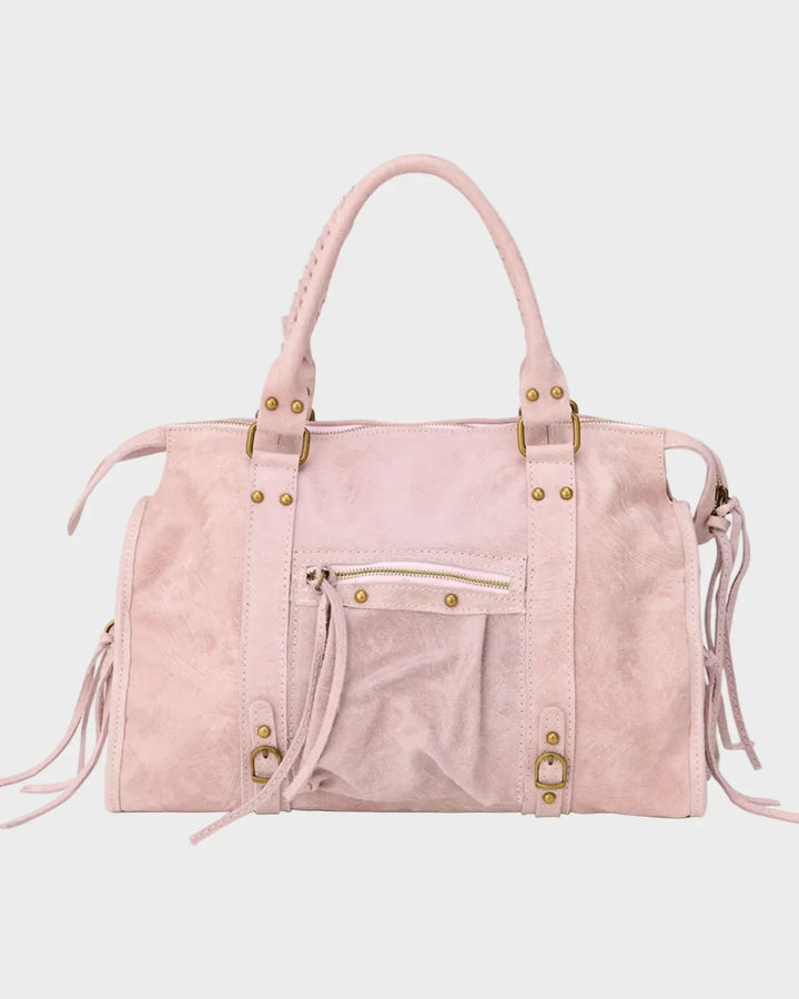 Leather Handbag with Adjustable Drawstring – Elegant Vanilla Pink Bag