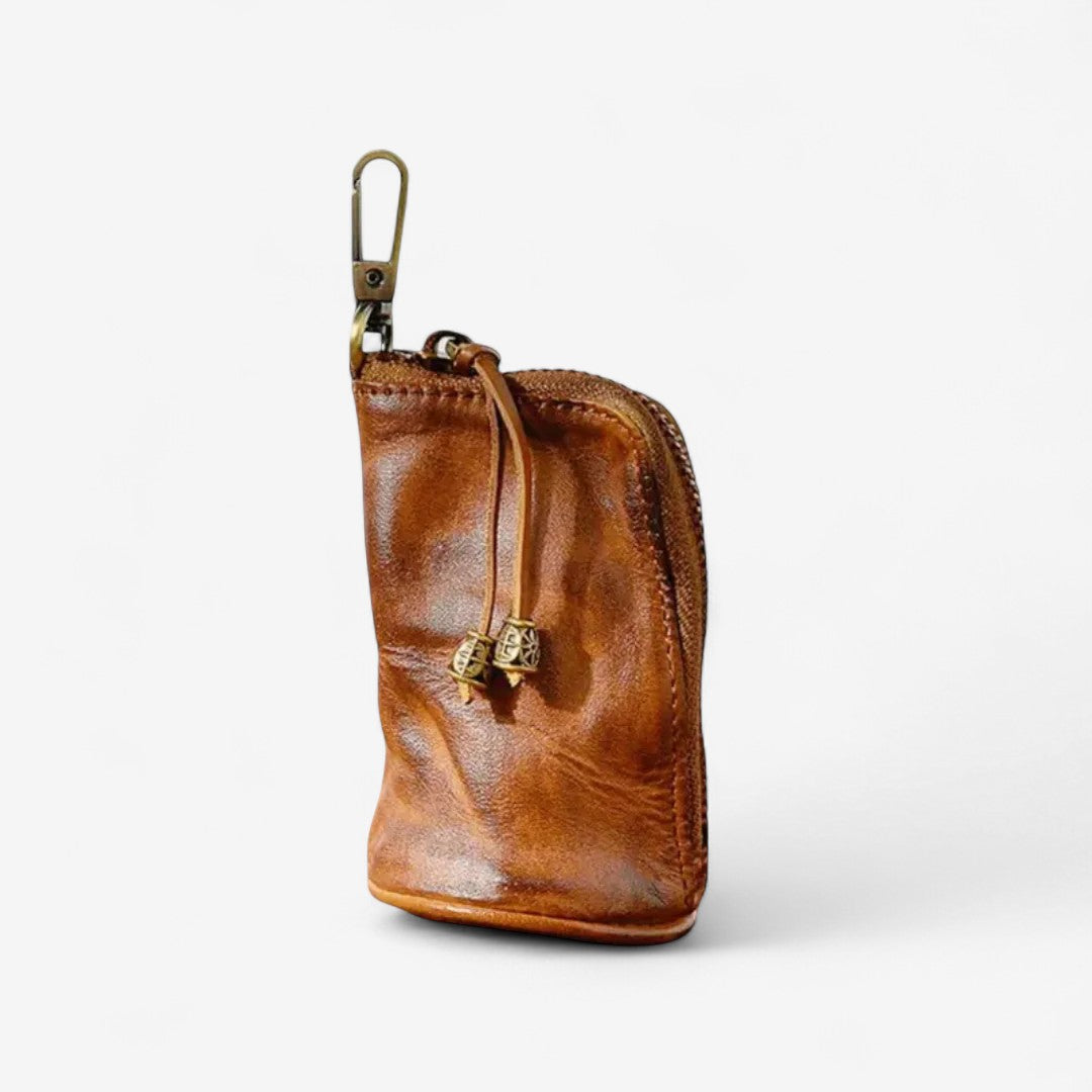 Leather Keychain Wallet with Zipper &amp; Compartments