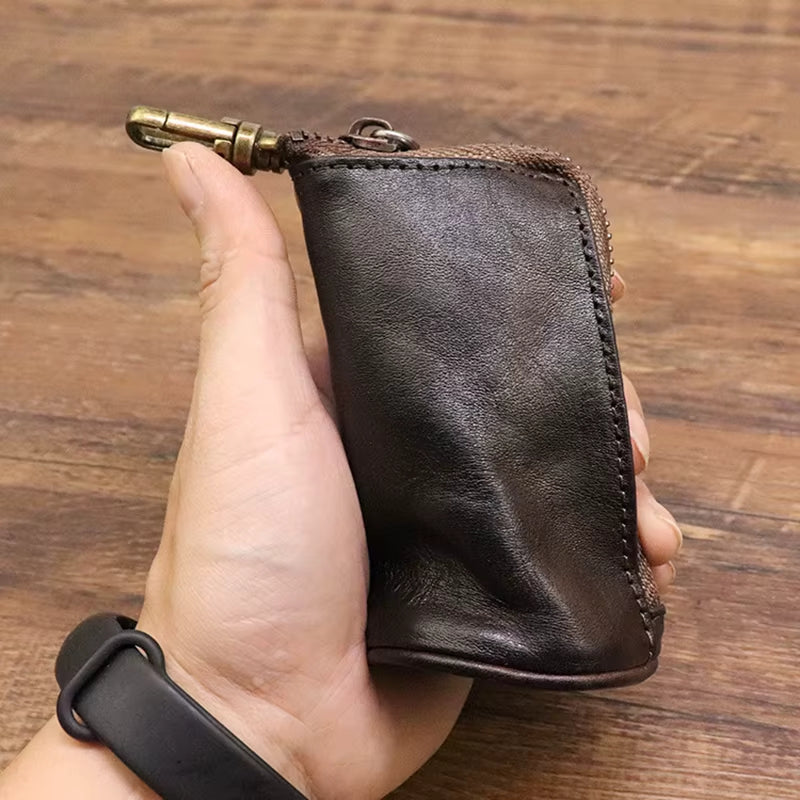 Leather Keychain Wallet with Zipper &amp; Compartments