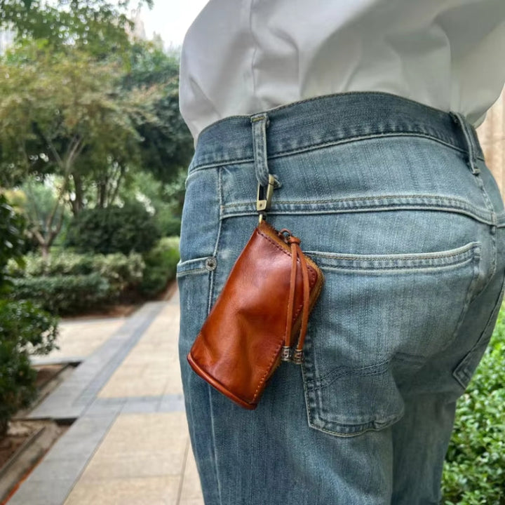 Leather Keychain Wallet with Zipper &amp; Compartments