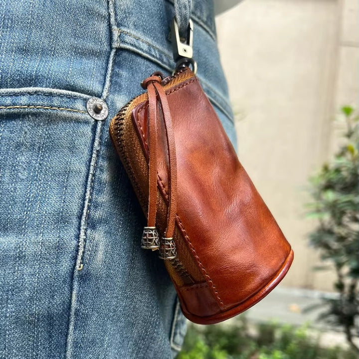 Leather Keychain Wallet with Zipper &amp; Compartments