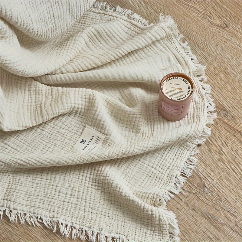 Lightweight 4-Layer Cotton Gauze Blanket with Decorative Fringe
