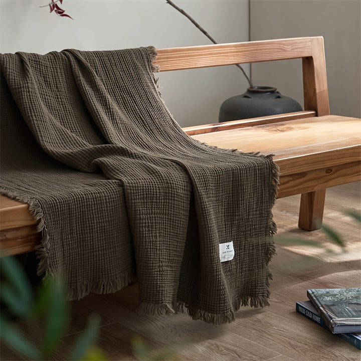 Lightweight 4-Layer Cotton Gauze Blanket with Decorative Fringe