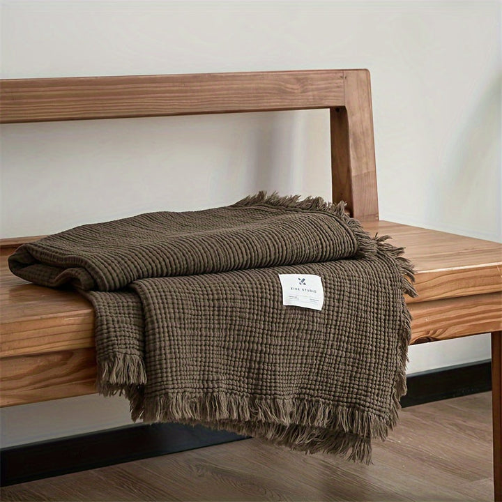 Lightweight 4-Layer Cotton Gauze Blanket with Decorative Fringe