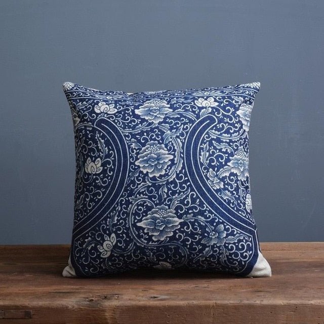 Linen-Cotton Blend Cushion Cover with Porcelain Pattern