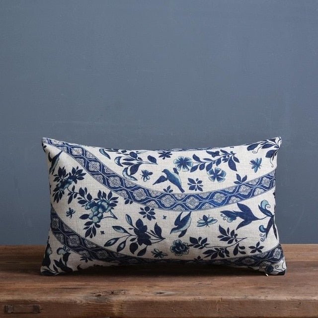 Linen-Cotton Blend Cushion Cover with Porcelain Pattern