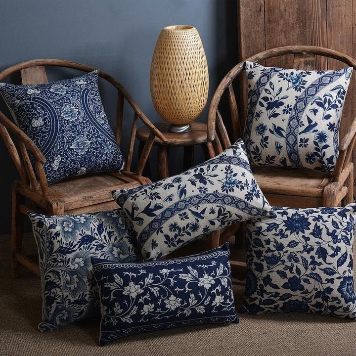 Linen-Cotton Blend Cushion Cover with Porcelain Pattern