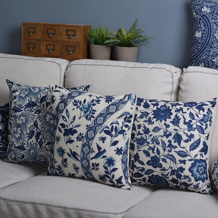 Linen-Cotton Blend Cushion Cover with Porcelain Pattern
