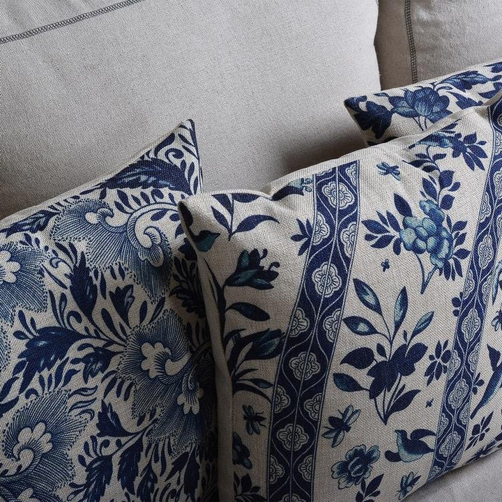 Linen-Cotton Blend Cushion Cover with Porcelain Pattern
