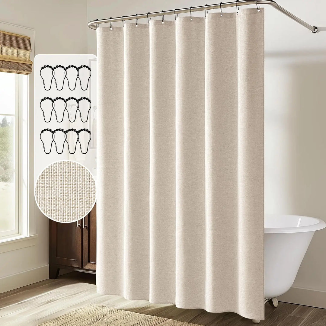 Linen-Look Shower Curtain – Water-Repellent, Beige, Includes Metal Hooks