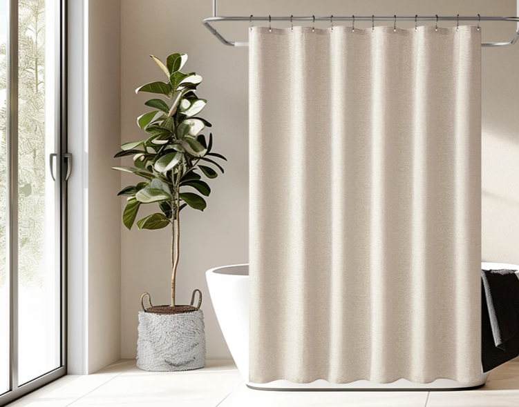 Linen-Look Shower Curtain – Water-Repellent, Beige, Includes Metal Hooks