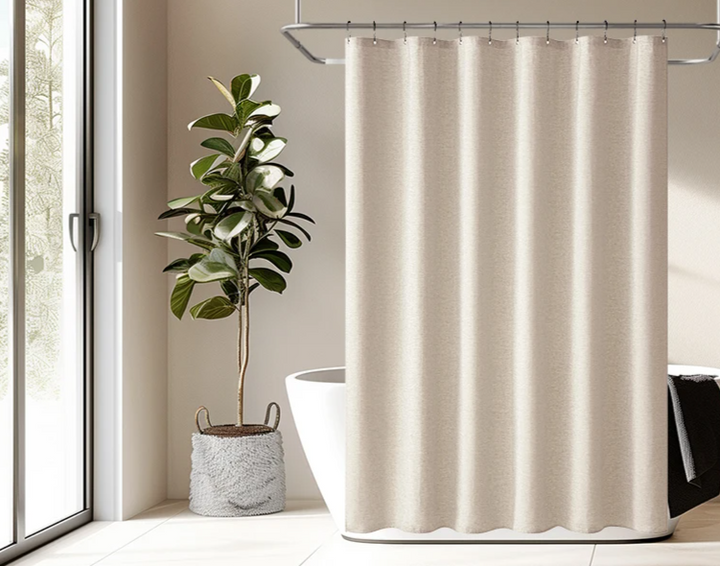 Linen-Look Shower Curtain – Water-Repellent, Beige, Includes Metal Hooks