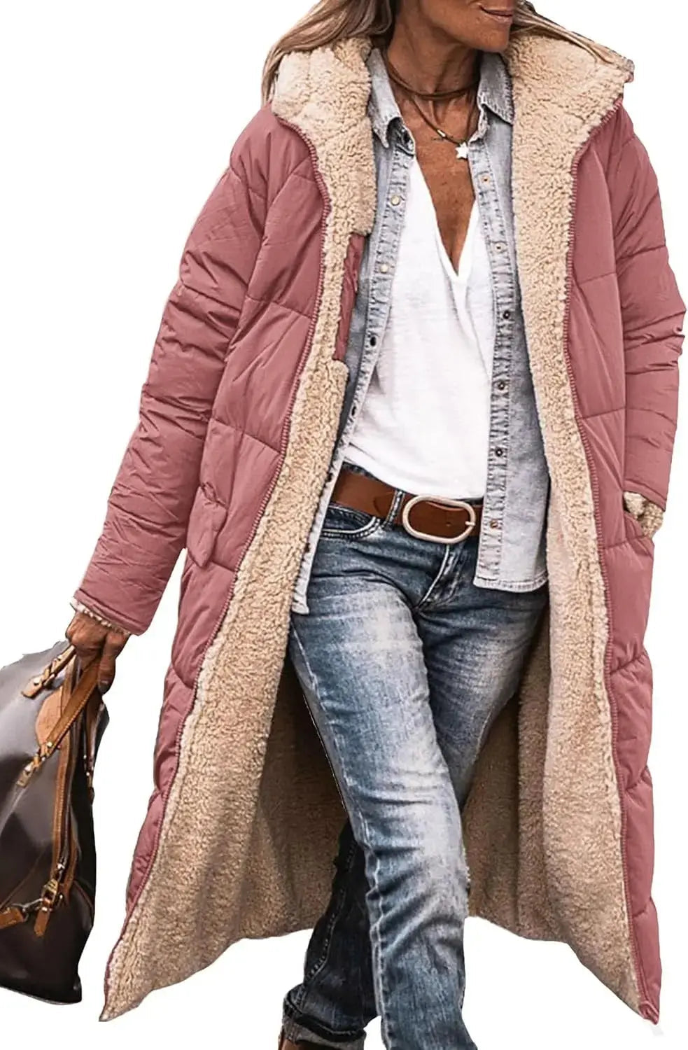 Long Puffer Coat with Fleece Lining and Hood