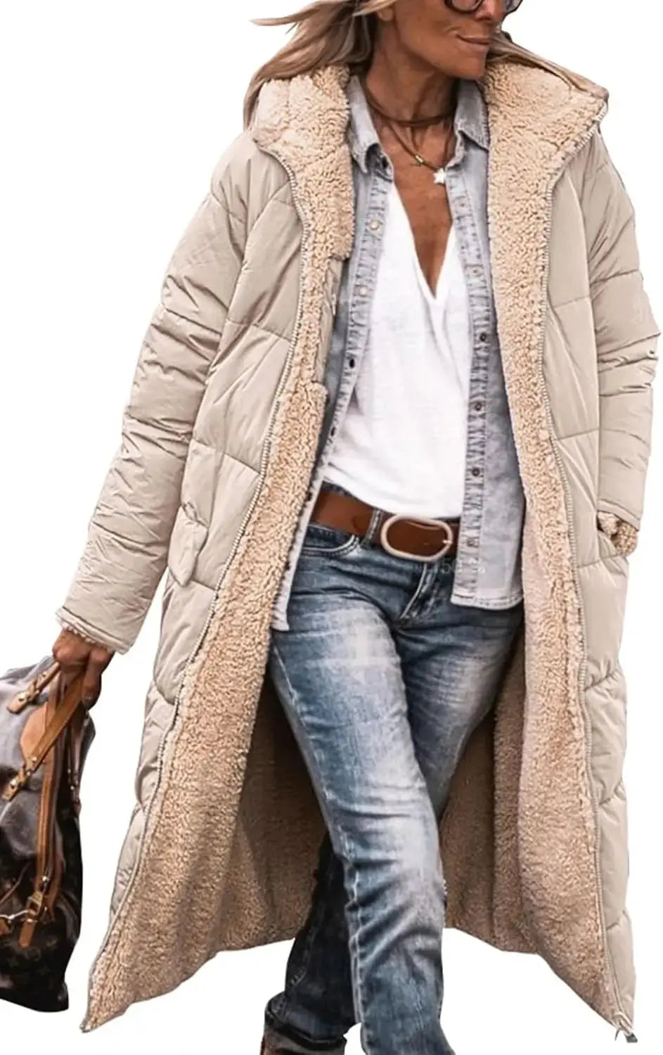 Long Puffer Coat with Fleece Lining and Hood
