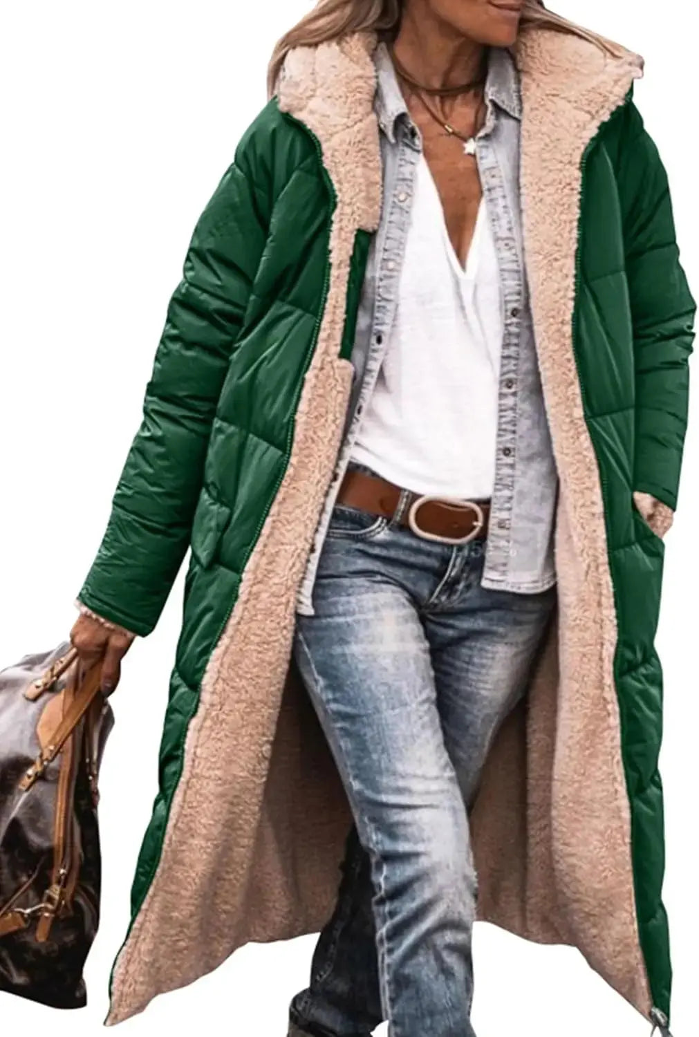 Long Puffer Coat with Fleece Lining and Hood