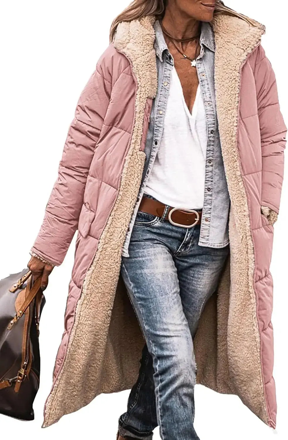 Long Puffer Coat with Fleece Lining and Hood