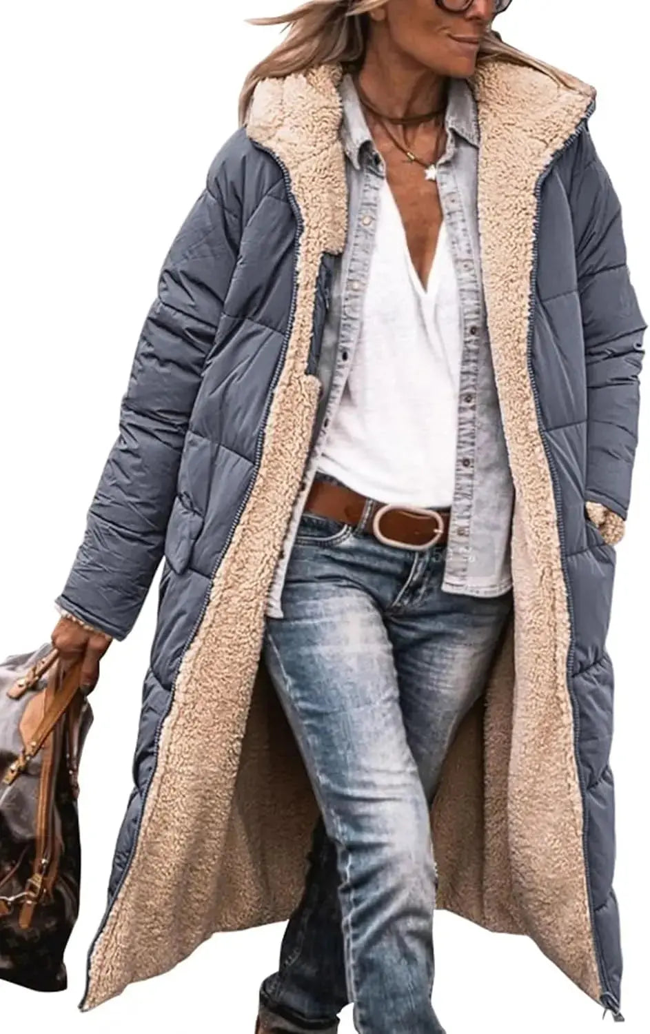 Long Puffer Coat with Fleece Lining and Hood
