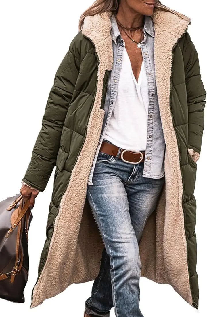 Long Puffer Coat with Fleece Lining and Hood