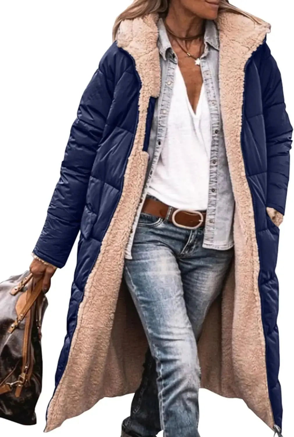 Long Puffer Coat with Fleece Lining and Hood