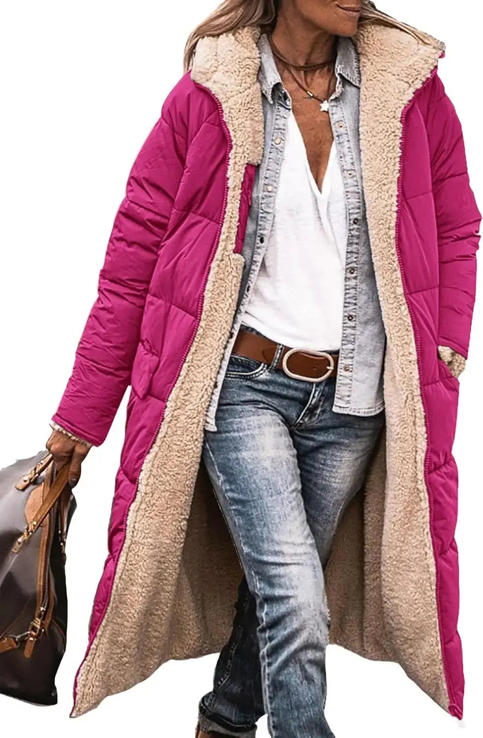 Long Puffer Coat with Fleece Lining and Hood