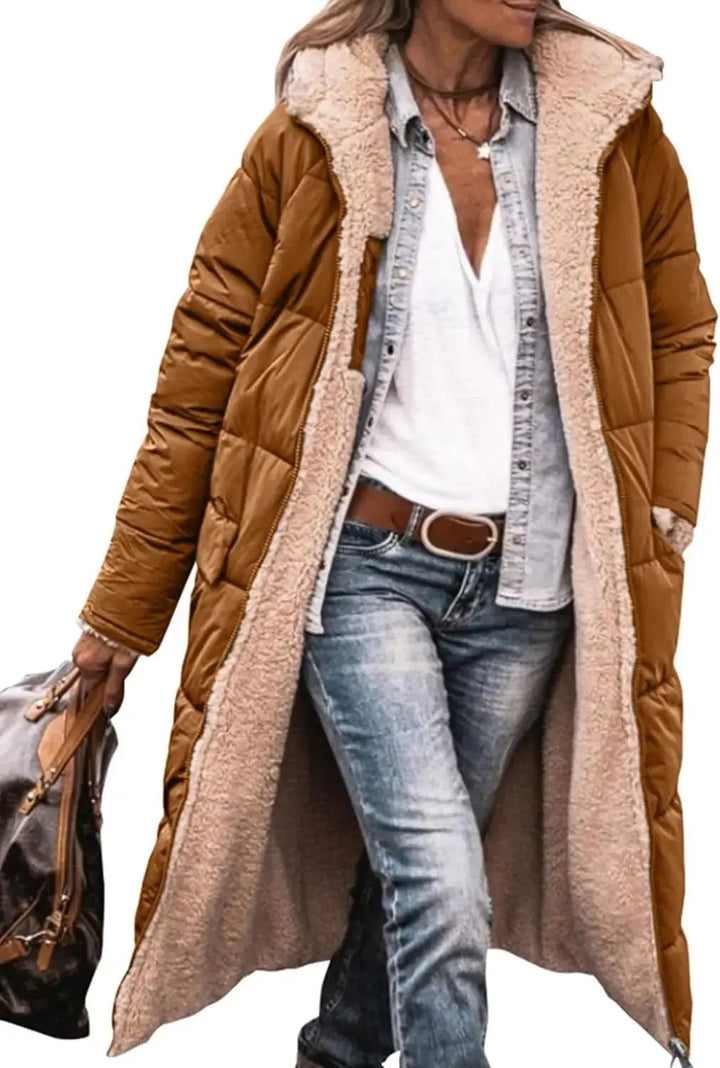 Long Puffer Coat with Fleece Lining and Hood