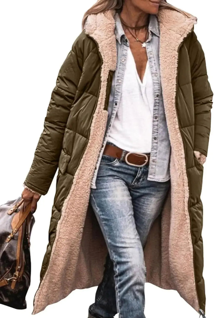 Long Puffer Coat with Fleece Lining and Hood